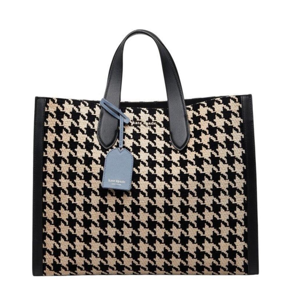Kate Spade Leather Manhattan Houndstooth Large Tote Fabric Black